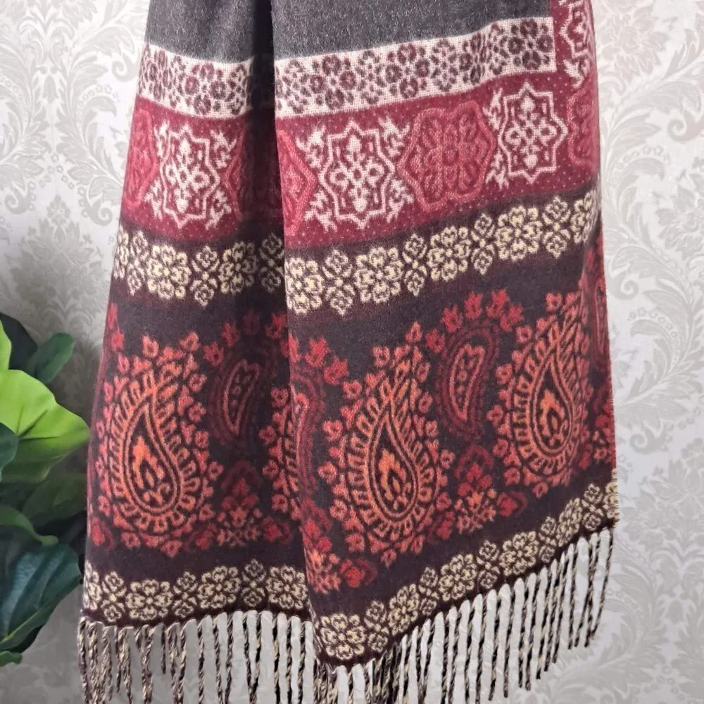 V. Fraas Cashmink 100% Acrylic Blanket Scarf Autumn Colors Paisley Fringe EUC
